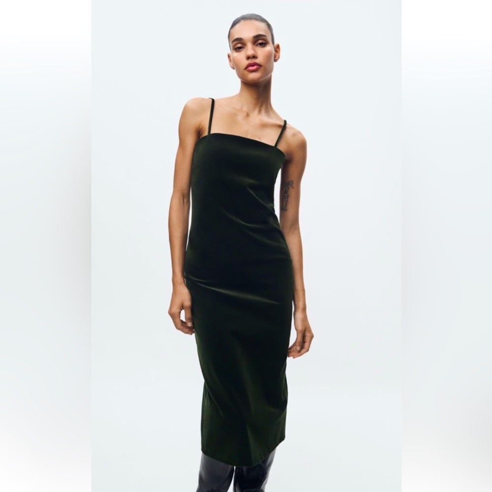 Zara Emerald Green Strappy Velvet Midi Tube Dress S